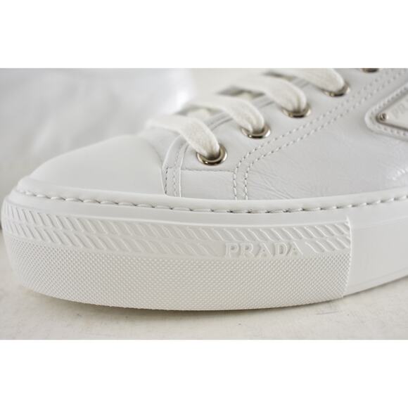 Prada Smash Naplak White Patent Logo Lace Up Flat Low Top Trainer Sneaker 40 - Picture 12 of 16